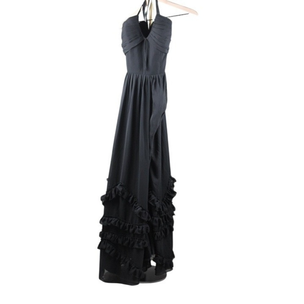 Black Pleated V-Neck Lace Up Back Maxi Dress with Ruffle Hem and Side Slit - Picture 2 of 6